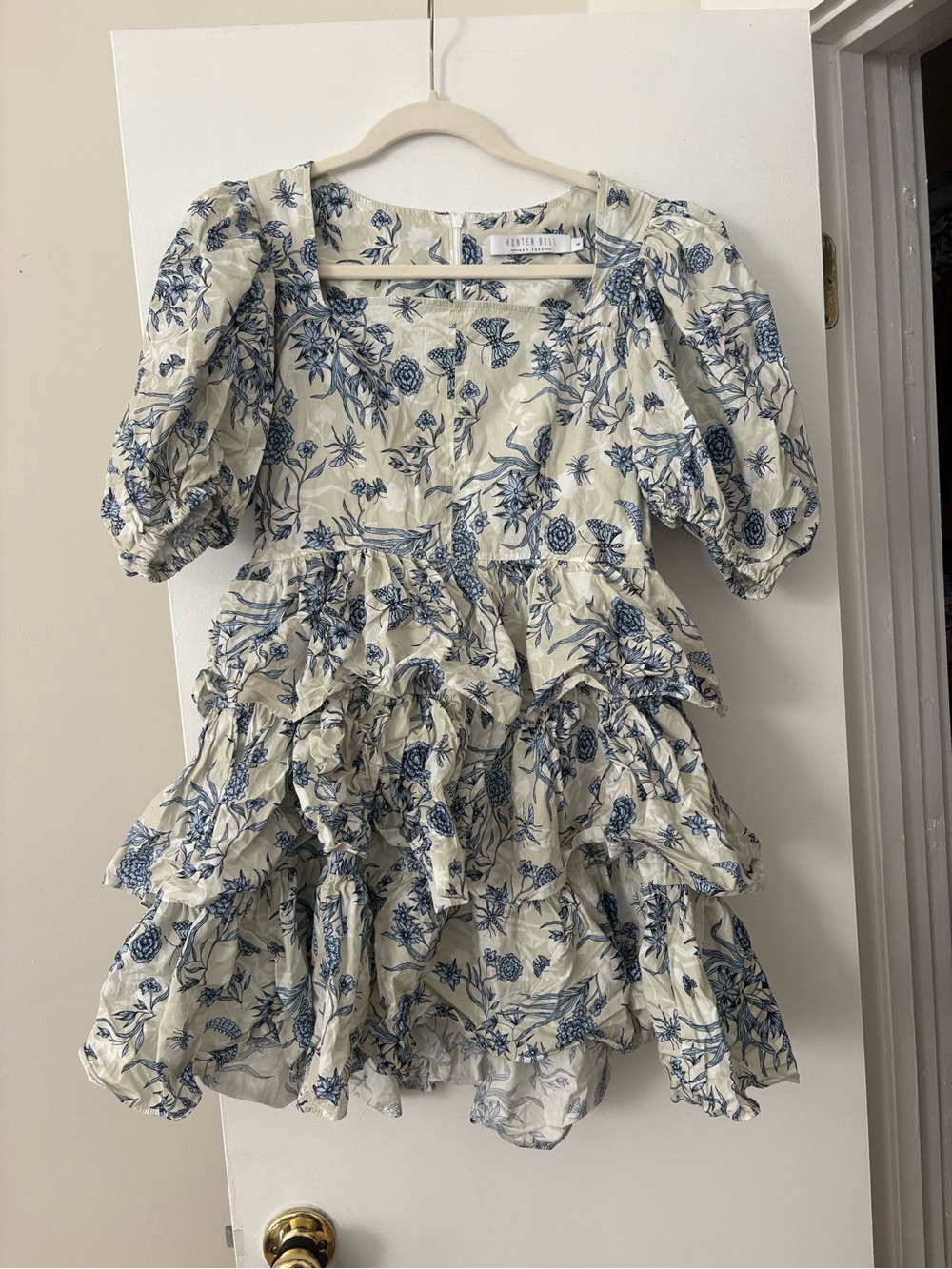Blue Floral Tiered Puff-Sleeve Dress